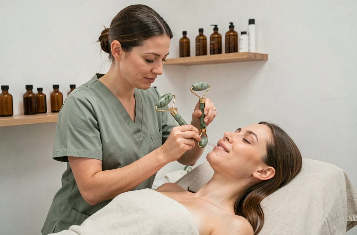 Esthéticienne de l'Institut Claire Avril au Mans réalisant un soin du visage avec un rouleau jade sur une cliente