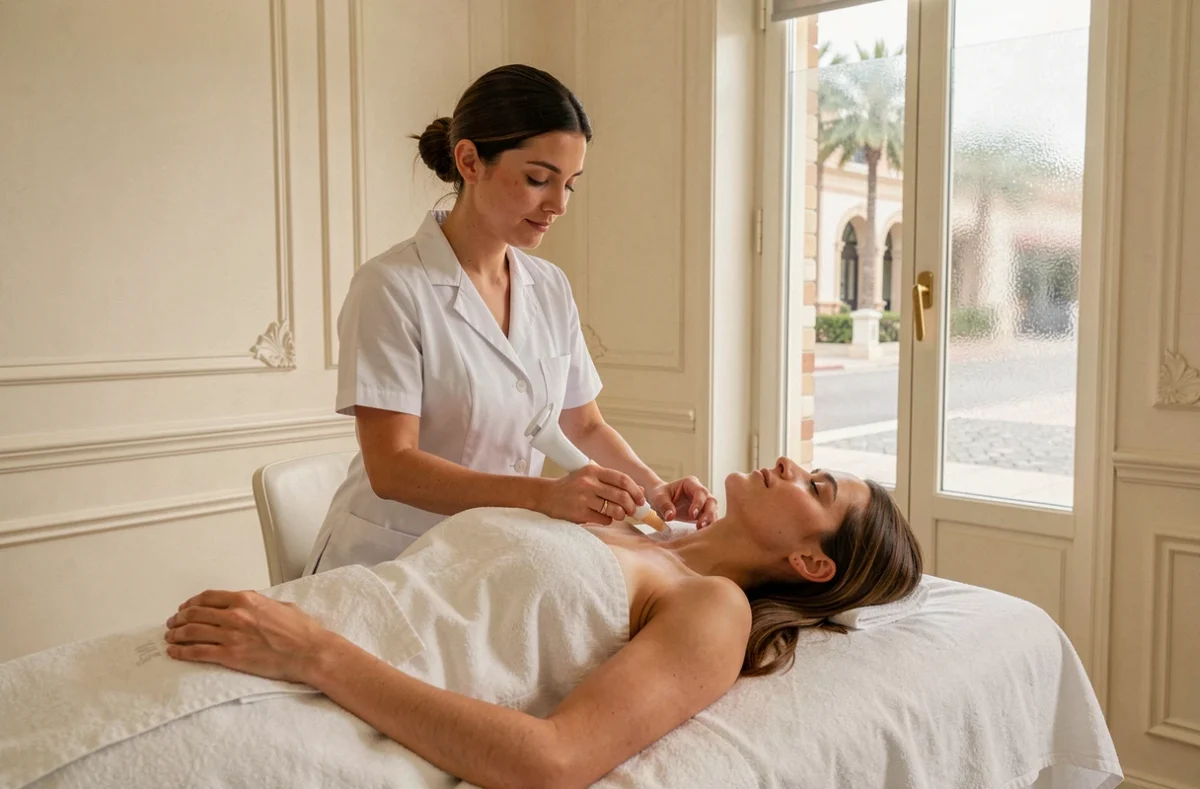 Esthéticienne en uniforme blanc réalisant un soin du visage sur une cliente dans un institut de beauté élégant à Nice