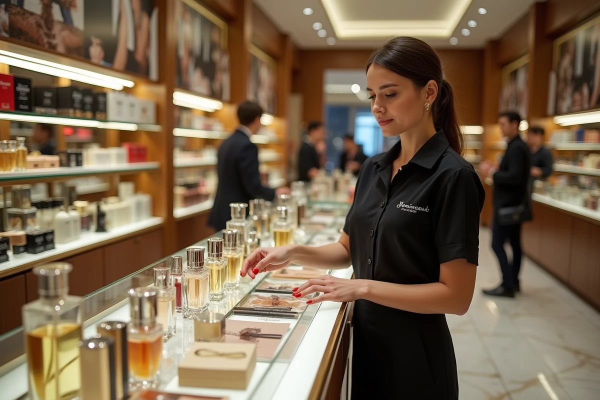 Intérieur d'une boutique Marionnaud avec une vendeuse arrangeant des parfums de luxe lors de l'opération de rachat