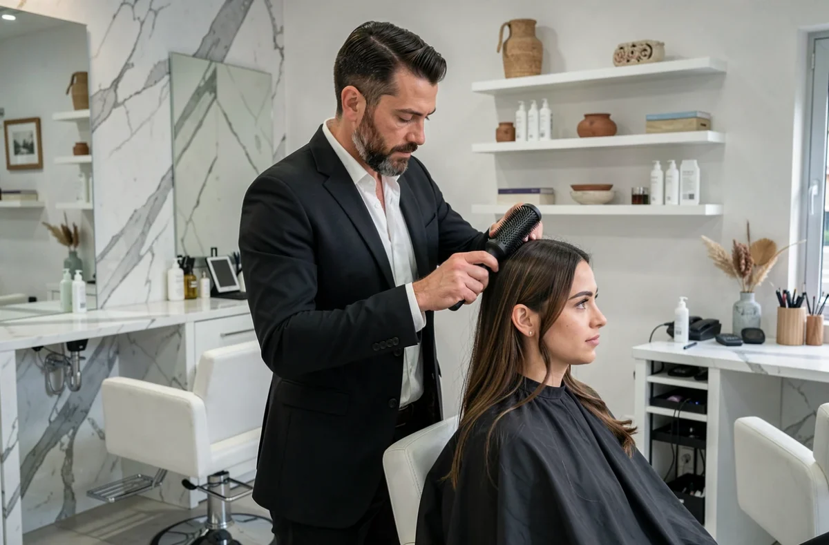Coiffeur styliste au travail dans le salon à inspiration italienne Italo Coiffure à Saint-Germain-en-Laye