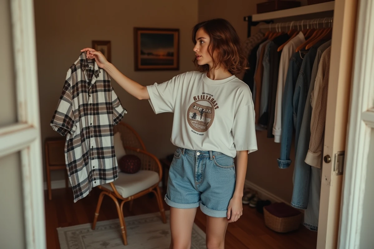 Jeune femme essayant des vêtements oversize devant une penderie ouverte dans une chambre cosy et chaleureuse