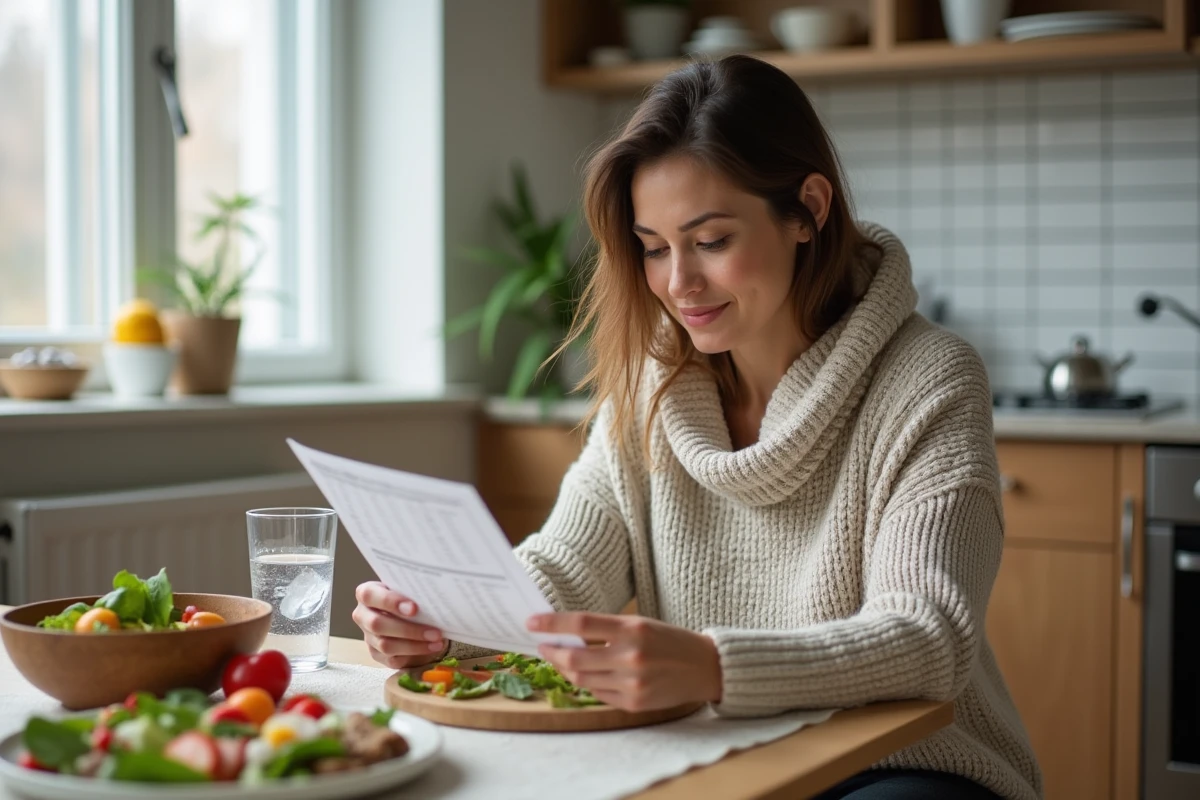 Femme planifiant un régime de jeûne intermittent avec des aliments sains pour optimiser la perte de poids