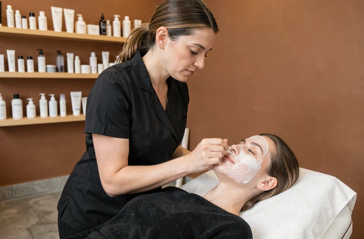 Esthéticienne de Karamel Beauty à Nantes appliquant un masque hydratant sur une cliente dans un salon au décor caramel