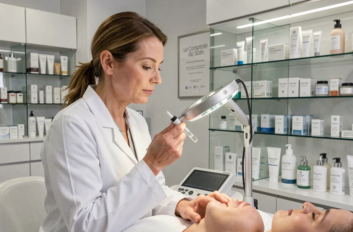 Spécialiste du soin de Le Comptoir du Soin à Nantes analysant la peau d'une cliente avec une lampe loupe professionnelle