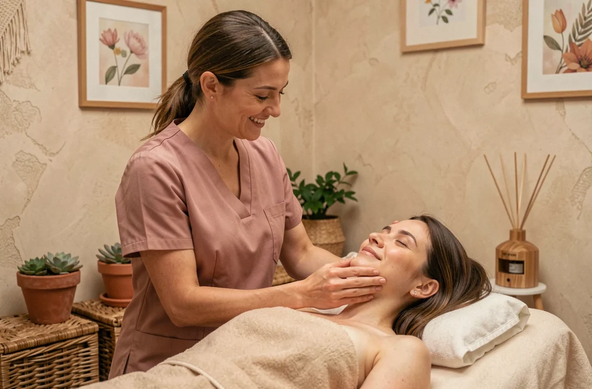 Esthéticienne du Studio by Sophie réalisant un massage facial personnalisé sur une cliente dans un espace beauté intime et chaleureux