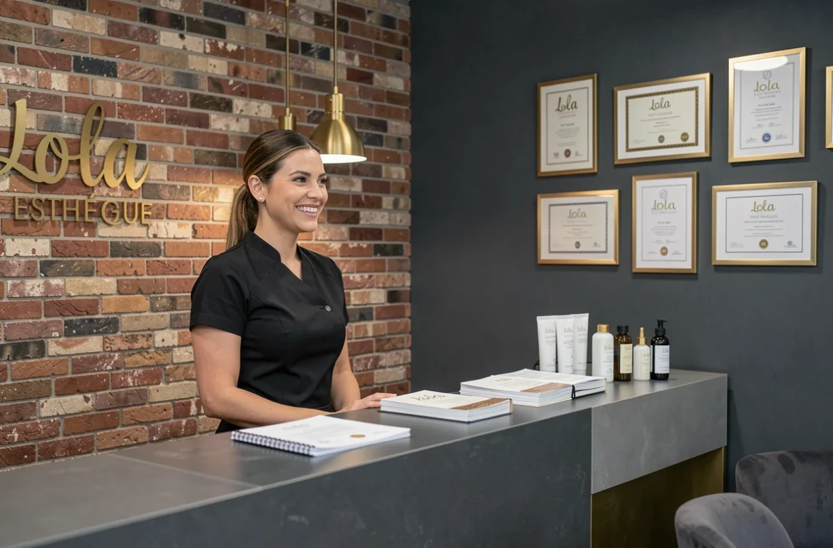 Esthéticienne de Lola Esthétique à Saint-Nazaire accueillant une cliente à la réception d'un salon moderne aux accents dorés