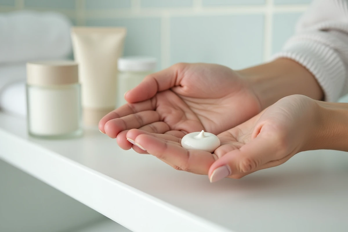 Mains féminines appliquant une crème au rétinol sur une étagère de salle de bain minimaliste