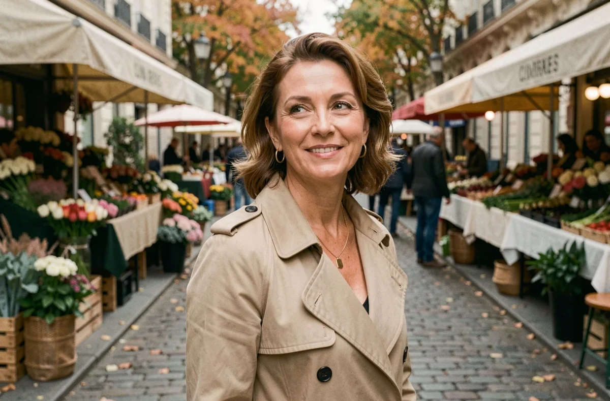 Femme élégante avec un teint naturel effet seconde peau dans un marché parisien en automne