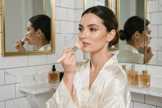Femme appliquant un fond de teint effet seconde peau devant un miroir dans une salle de bain parisienne