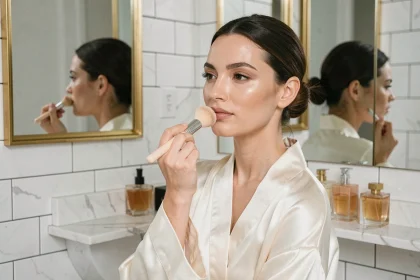 Femme appliquant un fond de teint effet seconde peau devant un miroir dans une salle de bain parisienne