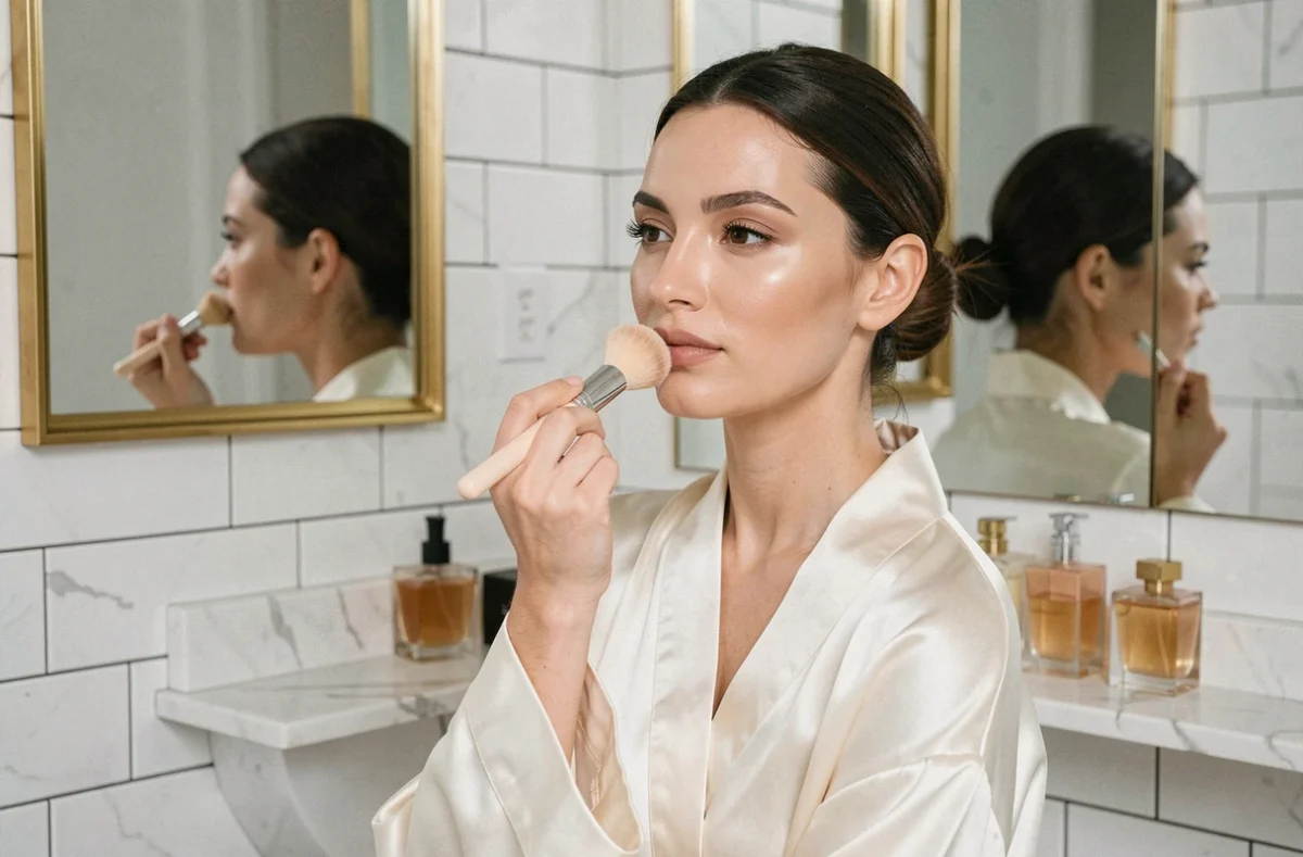 Femme appliquant un fond de teint effet seconde peau devant un miroir dans une salle de bain parisienne