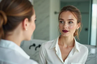 Femme aux 30 ans avec un maquillage longue tenue parfait devant un miroir de salle de bain moderne