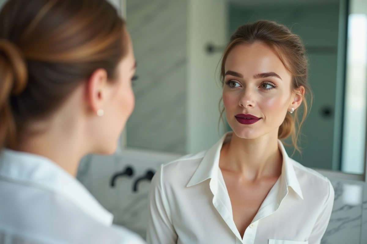 Femme aux 30 ans avec un maquillage longue tenue parfait devant un miroir de salle de bain moderne