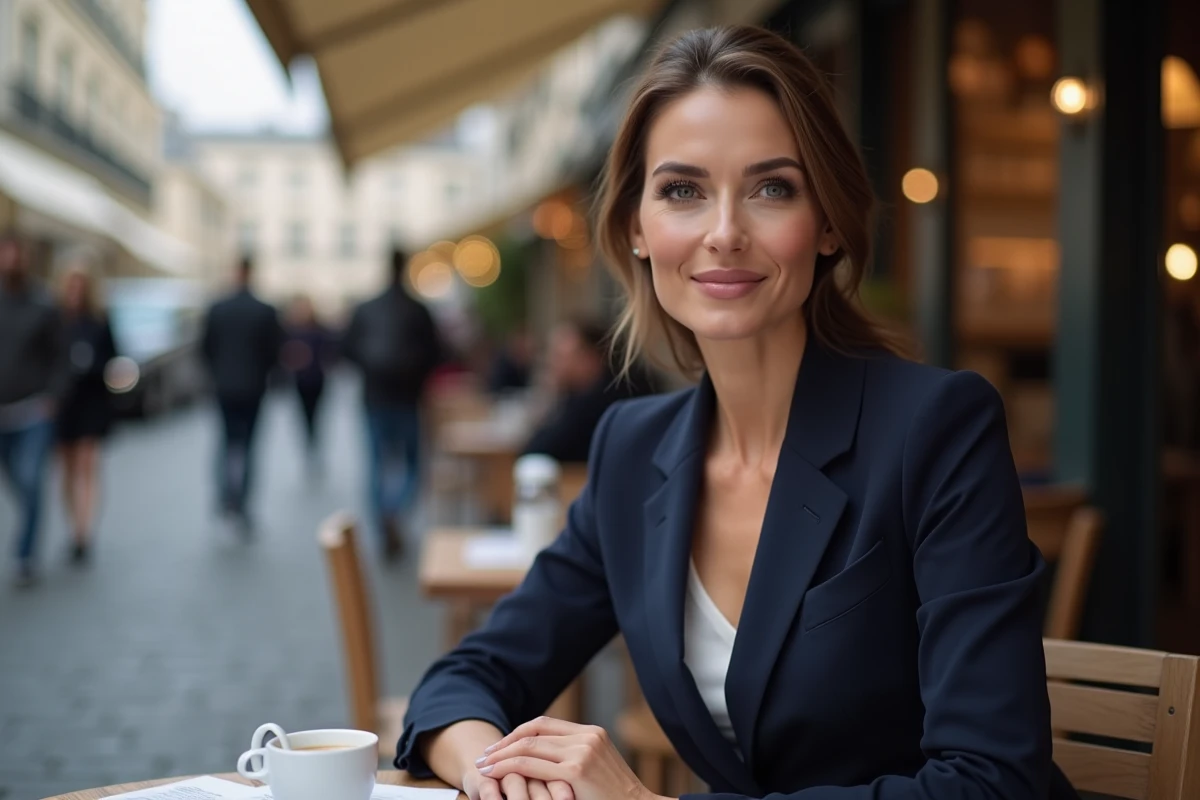 Femme élégante avec un maquillage résistant attablée à une terrasse de café parisien