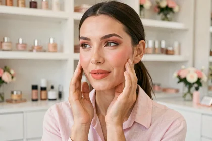Femme portant un maquillage de printemps avec lèvres corail et teint lumineux dans une boutique de beauté parisienne