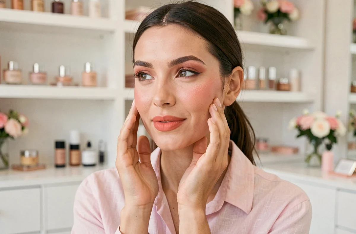 Femme portant un maquillage de printemps avec lèvres corail et teint lumineux dans une boutique de beauté parisienne
