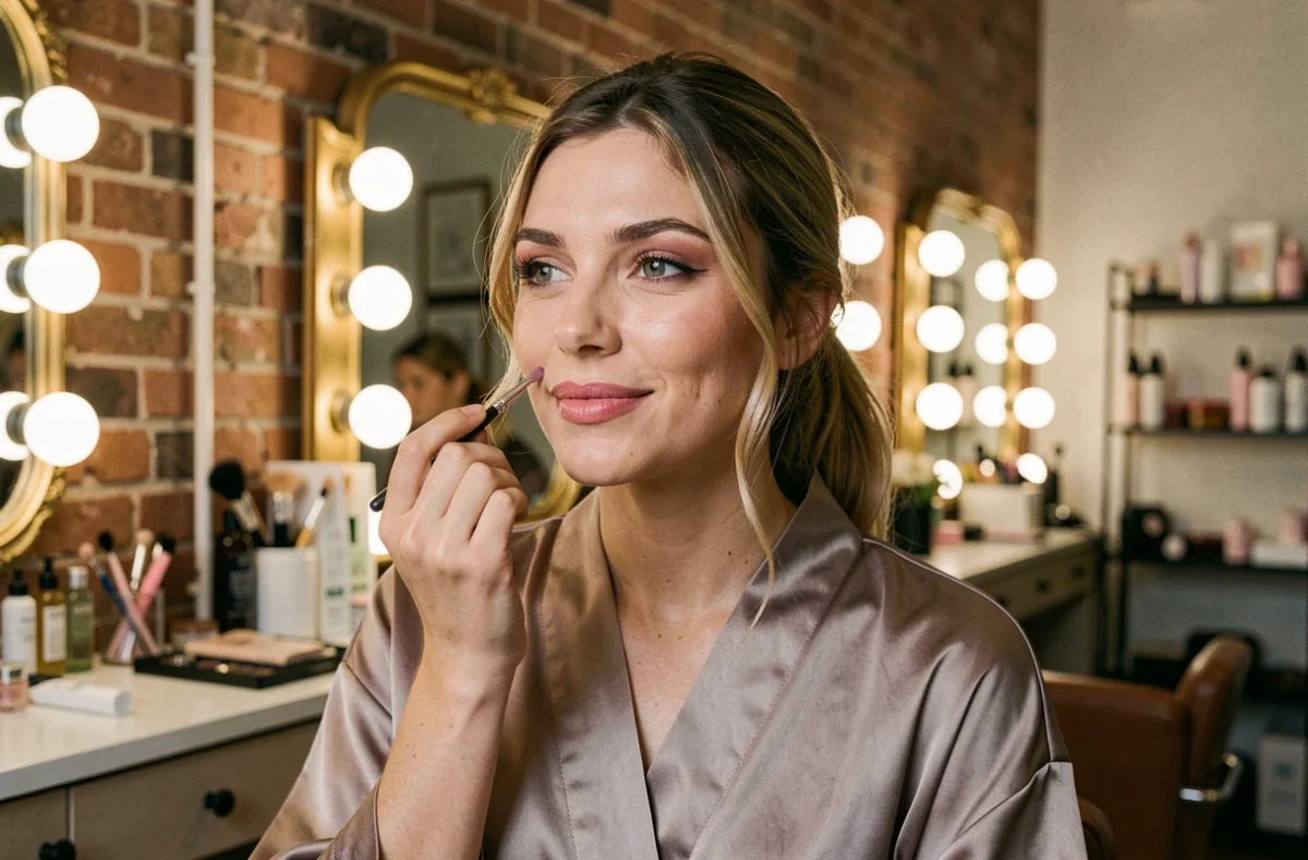 Femme en salon de beauté découvrant le résultat de son maquillage semi-permanent sur les lèvres avec un pigment rose naturel