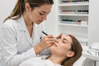 Maquillage semi-permanent : une esthéticienne applique la technique de microblading sur les sourcils d'une cliente en institut de beauté