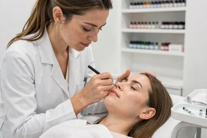Maquillage semi-permanent : une esthéticienne applique la technique de microblading sur les sourcils d'une cliente en institut de beauté