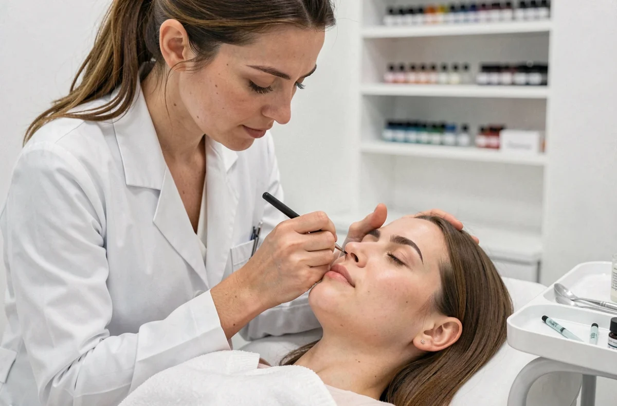 Maquillage semi-permanent : une esthéticienne applique la technique de microblading sur les sourcils d'une cliente en institut de beauté