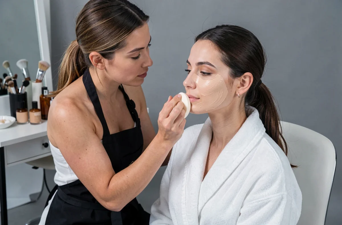Maquilleuse professionnelle appliquant un fond de teint effet seconde peau sur un modèle en studio
