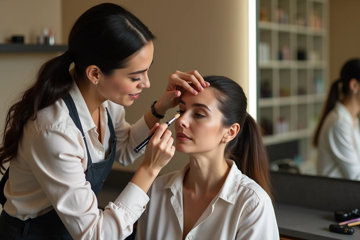 Maquilleuse professionnelle appliquant un correcteur sur les rides du nez à la bouche d'une cliente dans un salon de beauté