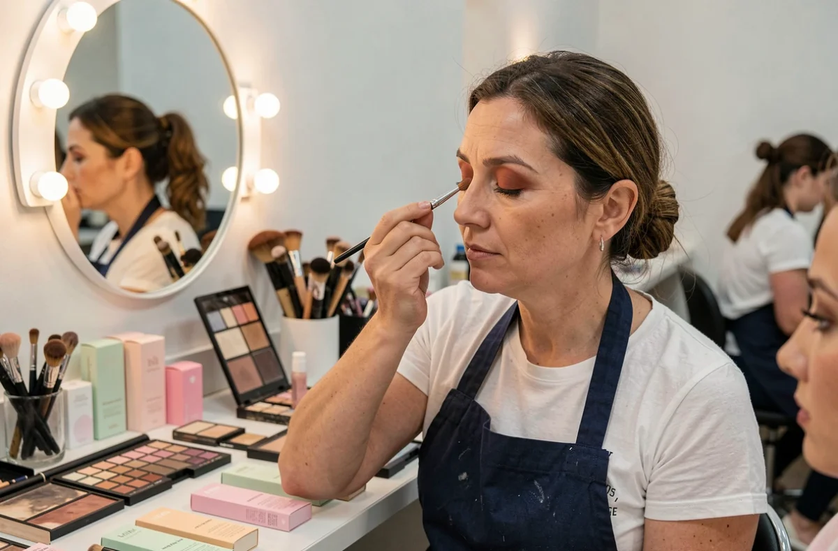 Maquilleuse professionnelle appliquant un fard à paupières terracotta sur un modèle dans un studio de maquillage printemps