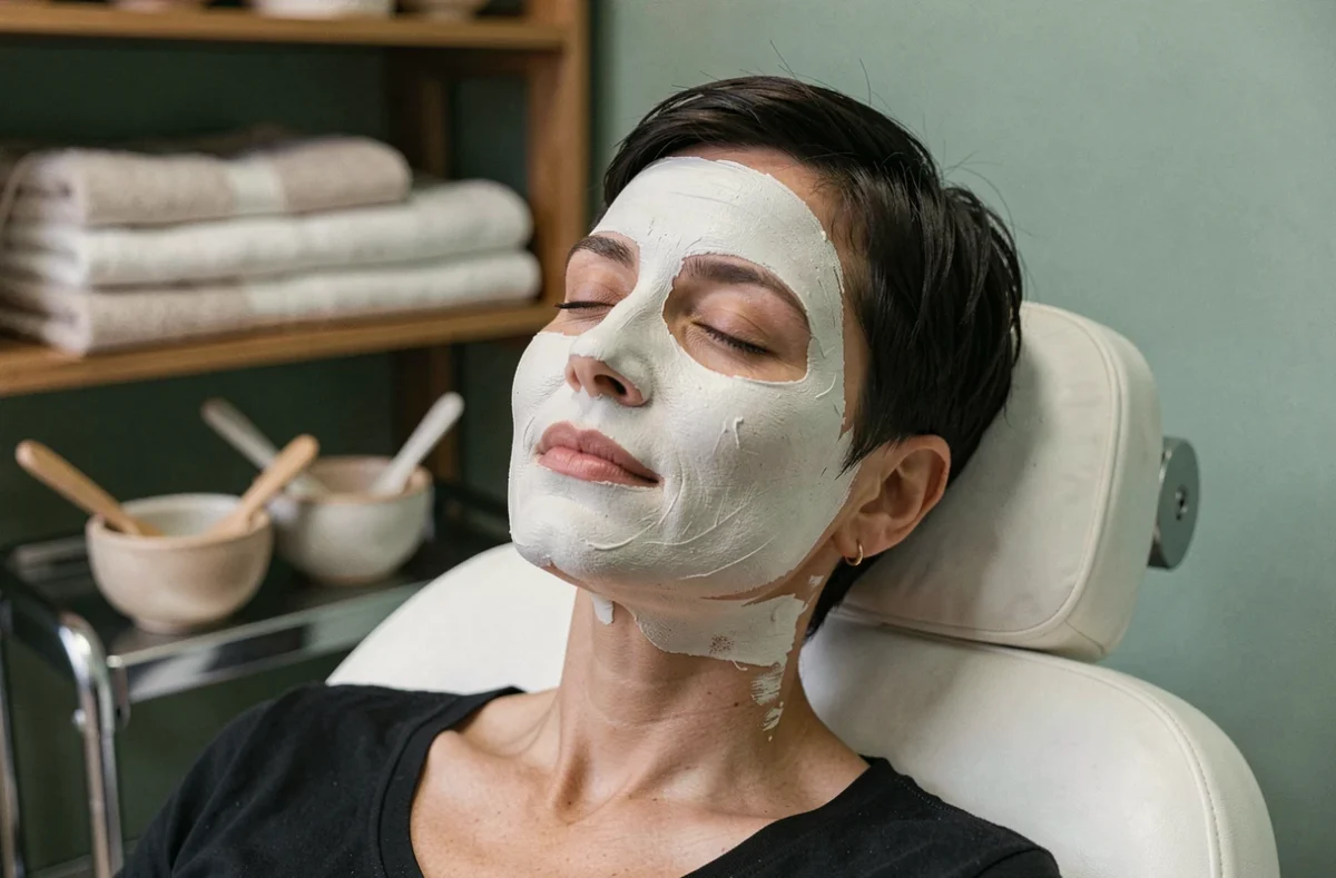 Femme allongée avec un masque à l'argile dans un institut de beauté parisien professionnel