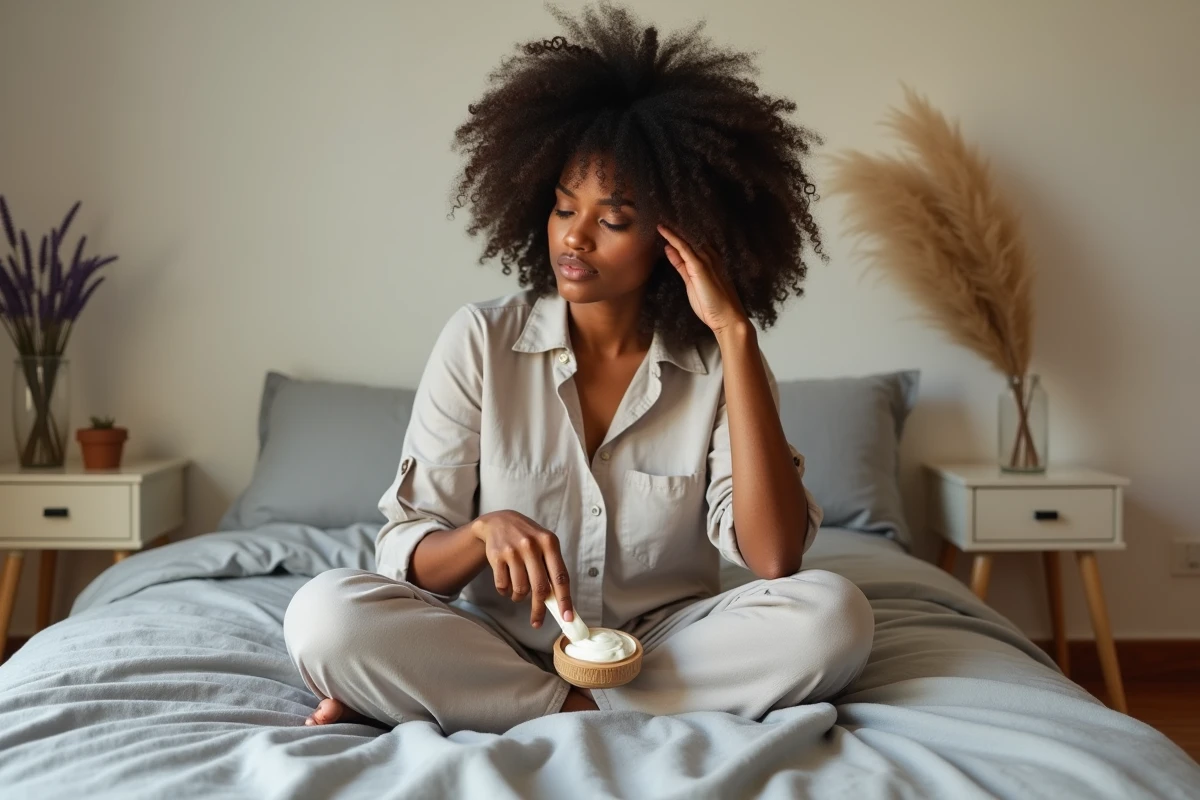 Jeune femme appliquant un masque hydratant sur ses cheveux bouclés pour lutter contre la casse hivernale
