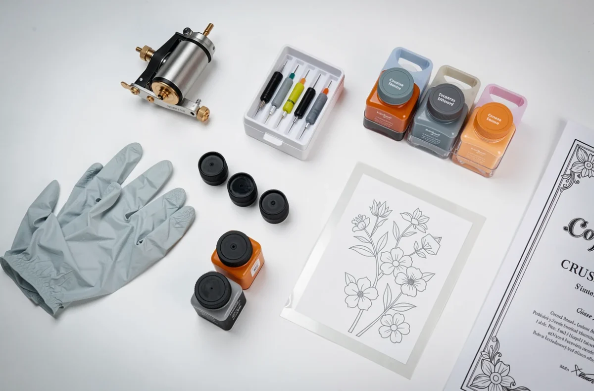 Matériel de tatouage pour débutant disposé en flat lay : machine rotative, cartouches, encres et certificat de formation