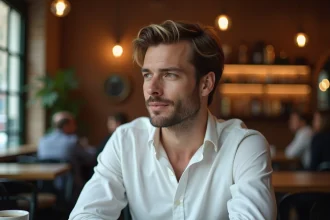 Homme aux cheveux courts avec une mèche blonde naturelle, style décontracté dans un café parisien