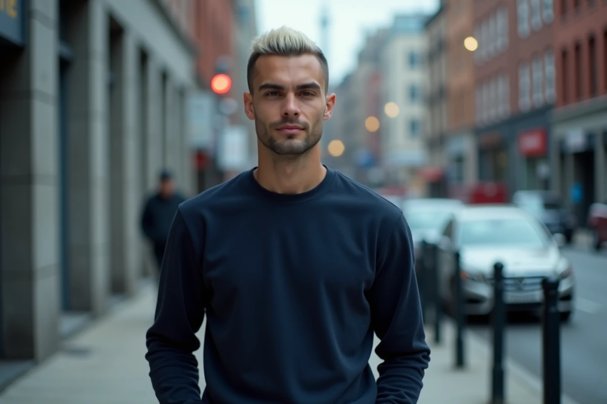 Jeune homme avec mèche blonde platine sur coupe courte dégradée en milieu urbain