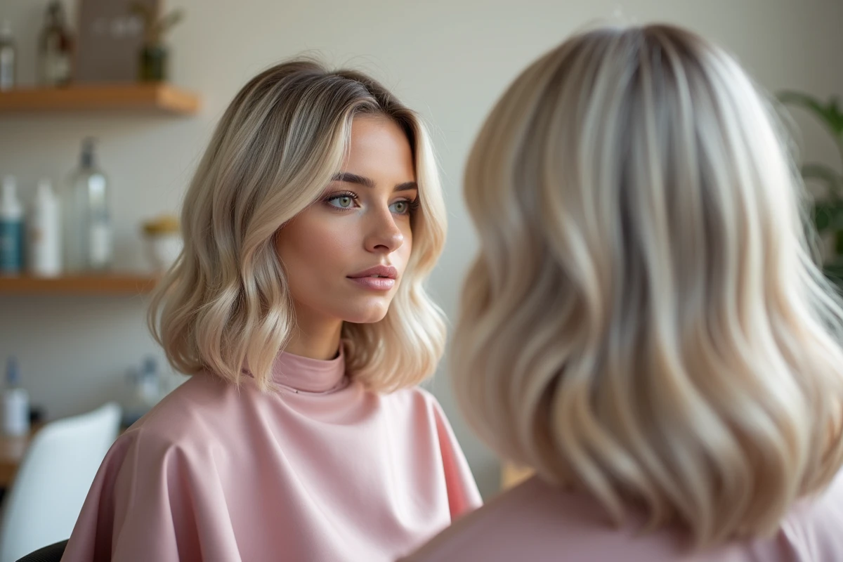 Femme avec des mèches en papier aluminium dans un salon de coiffure scandinave, technique de mèches classiques pour un blond cendré sans reflets jaunes
