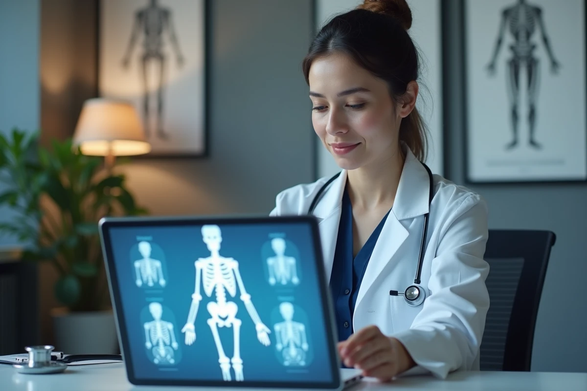 Médecin explorant une application anatomique interactive en 3D du corps humain sur tablette dans un bureau médical