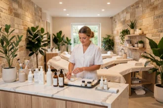 Intérieur d'un institut de beauté moderne dans les Pays de la Loire avec une esthéticienne en uniforme blanc préparant des soins