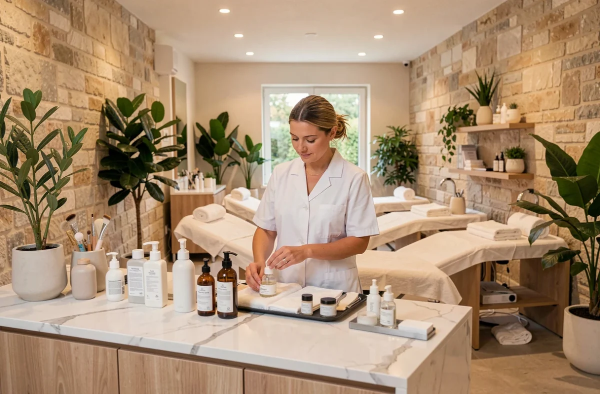 Intérieur d'un institut de beauté moderne dans les Pays de la Loire avec une esthéticienne en uniforme blanc préparant des soins