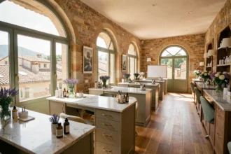 Intérieur élégant d'un salon de beauté en Provence-Alpes-Côte d'Azur avec comptoirs en marbre blanc et fenêtres donnant sur des toits provençaux