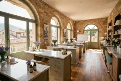 Intérieur élégant d'un salon de beauté en Provence-Alpes-Côte d'Azur avec comptoirs en marbre blanc et fenêtres donnant sur des toits provençaux