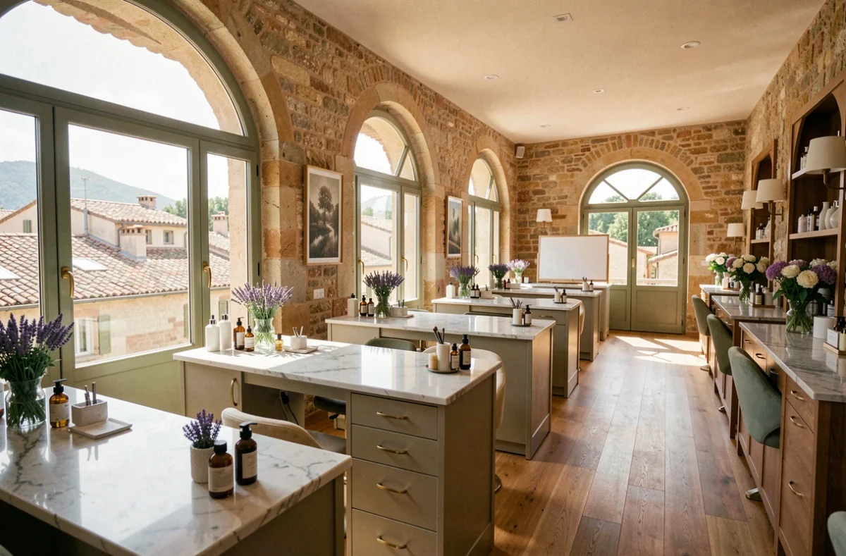 Intérieur élégant d'un salon de beauté en Provence-Alpes-Côte d'Azur avec comptoirs en marbre blanc et fenêtres donnant sur des toits provençaux
