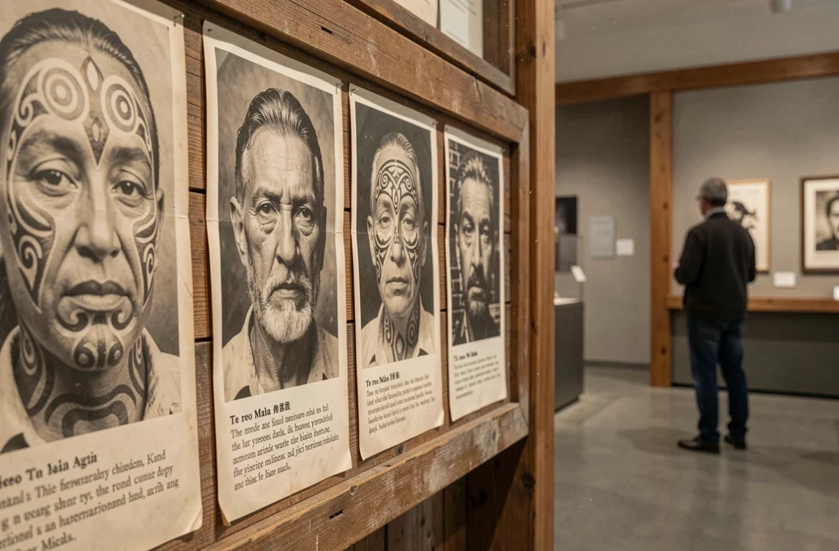 Panneau muséal présentant des photographies archivistiques de motifs de tatouage māori tā moko avec des explications culturelles bilingues