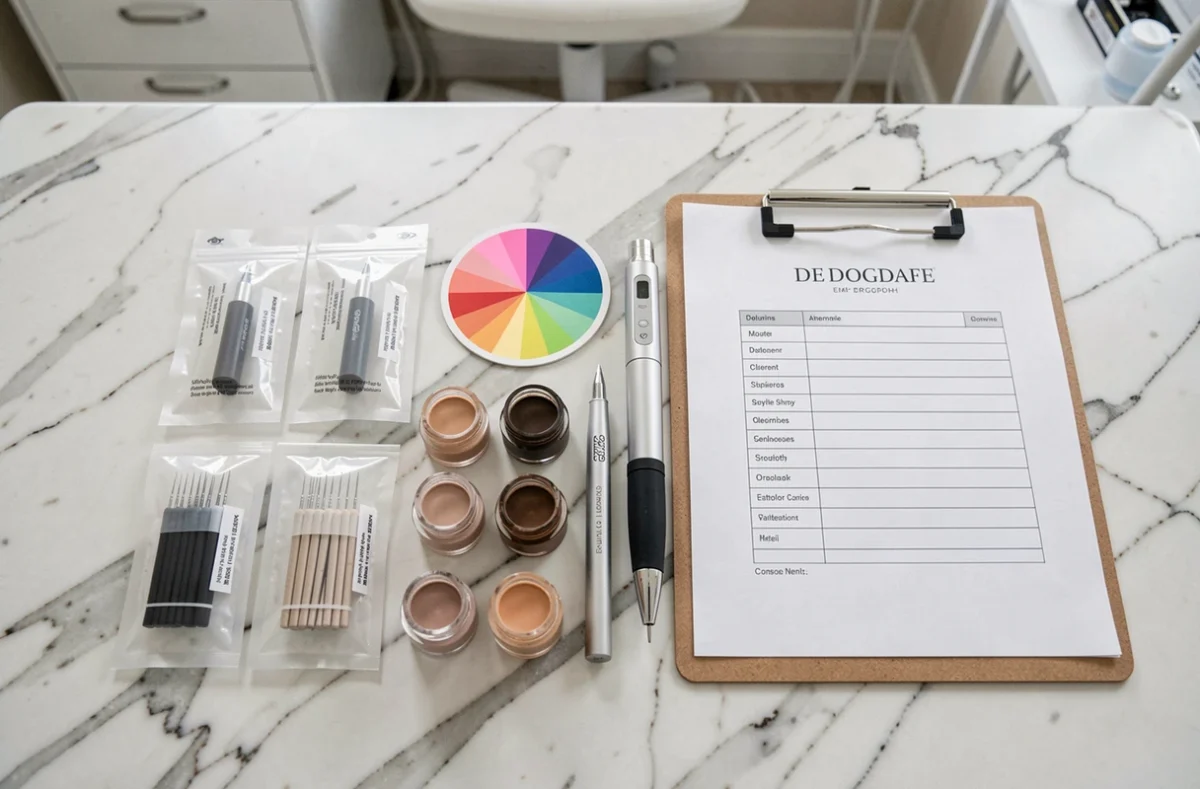 Vue aérienne des outils et pigments utilisés pour le maquillage semi-permanent posés sur une table en marbre dans une clinique esthétique