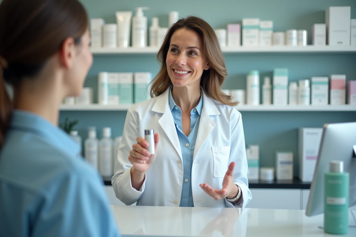 Pharmacienne conseillant une cliente sur les meilleures marques de beauté en pharmacie