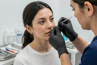 Jeune femme se faisant percer le haut de l'oreille dans un studio professionnel de piercing avec des outils stériles