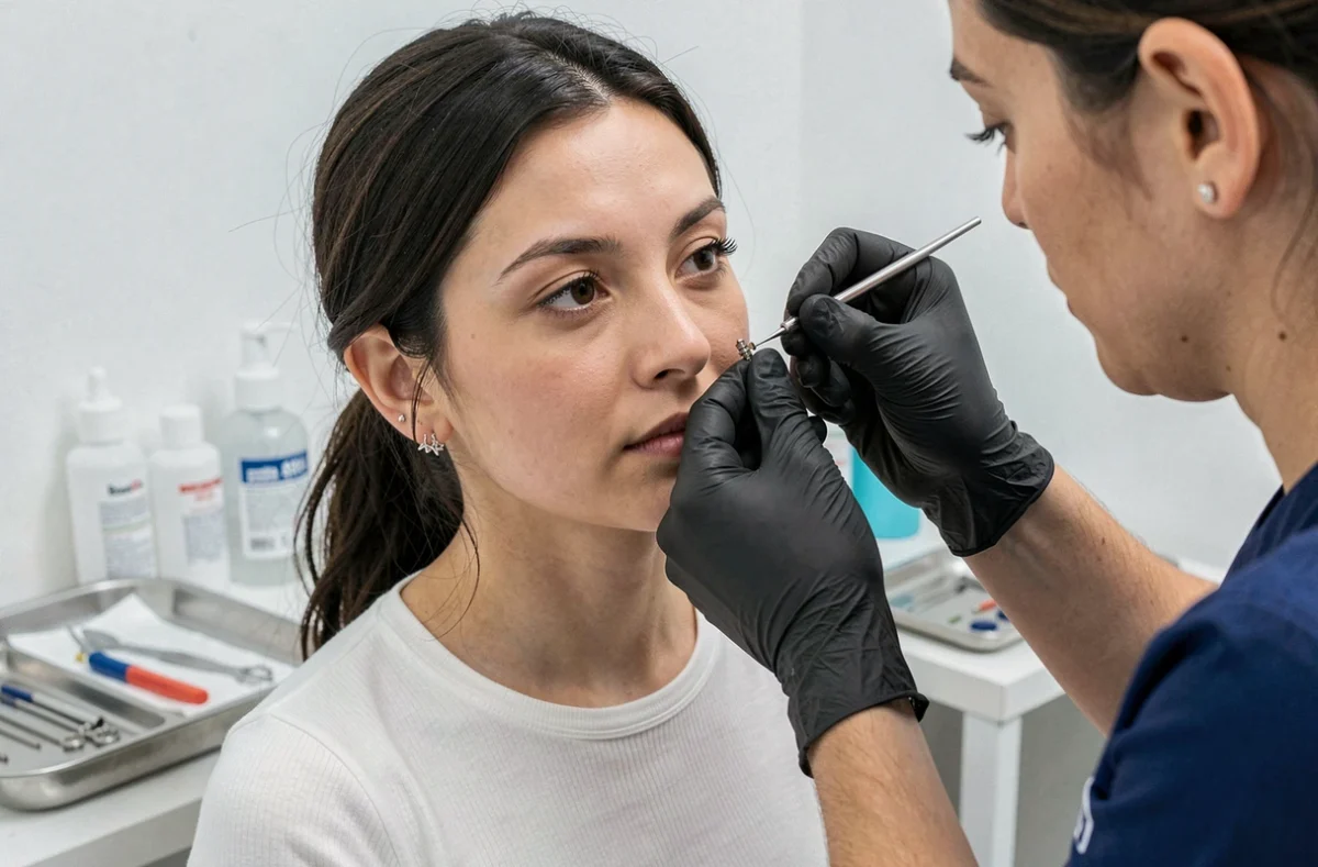 Jeune femme se faisant percer le haut de l'oreille dans un studio professionnel de piercing avec des outils stériles