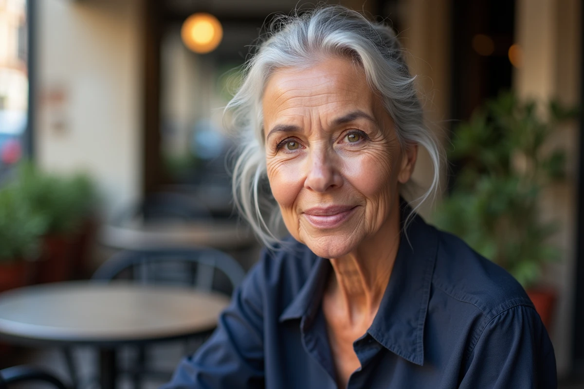Portrait en gros plan d'une femme de 70 ans portant un maquillage naturel discret, révélant les détails du vieillissement de la peau avec réalisme