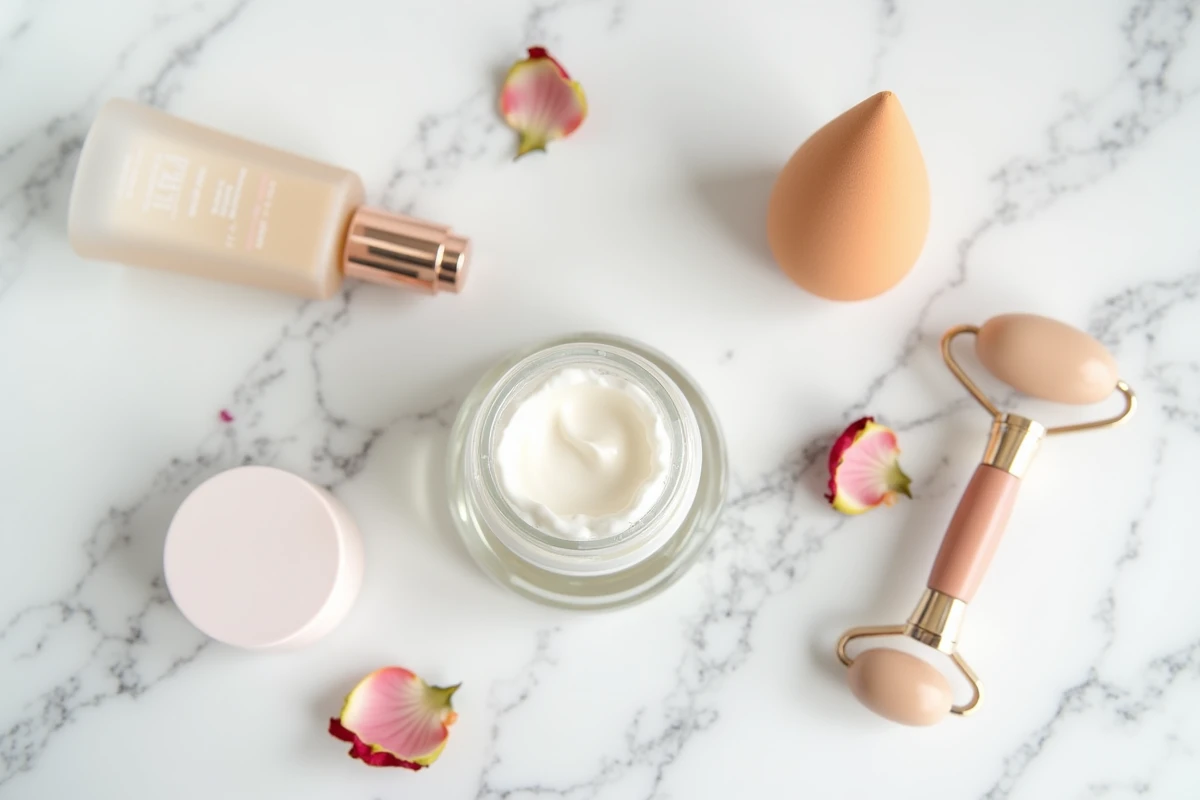 Pose à plat de crème de base et fond de teint sur marbre blanc pour routine maquillage