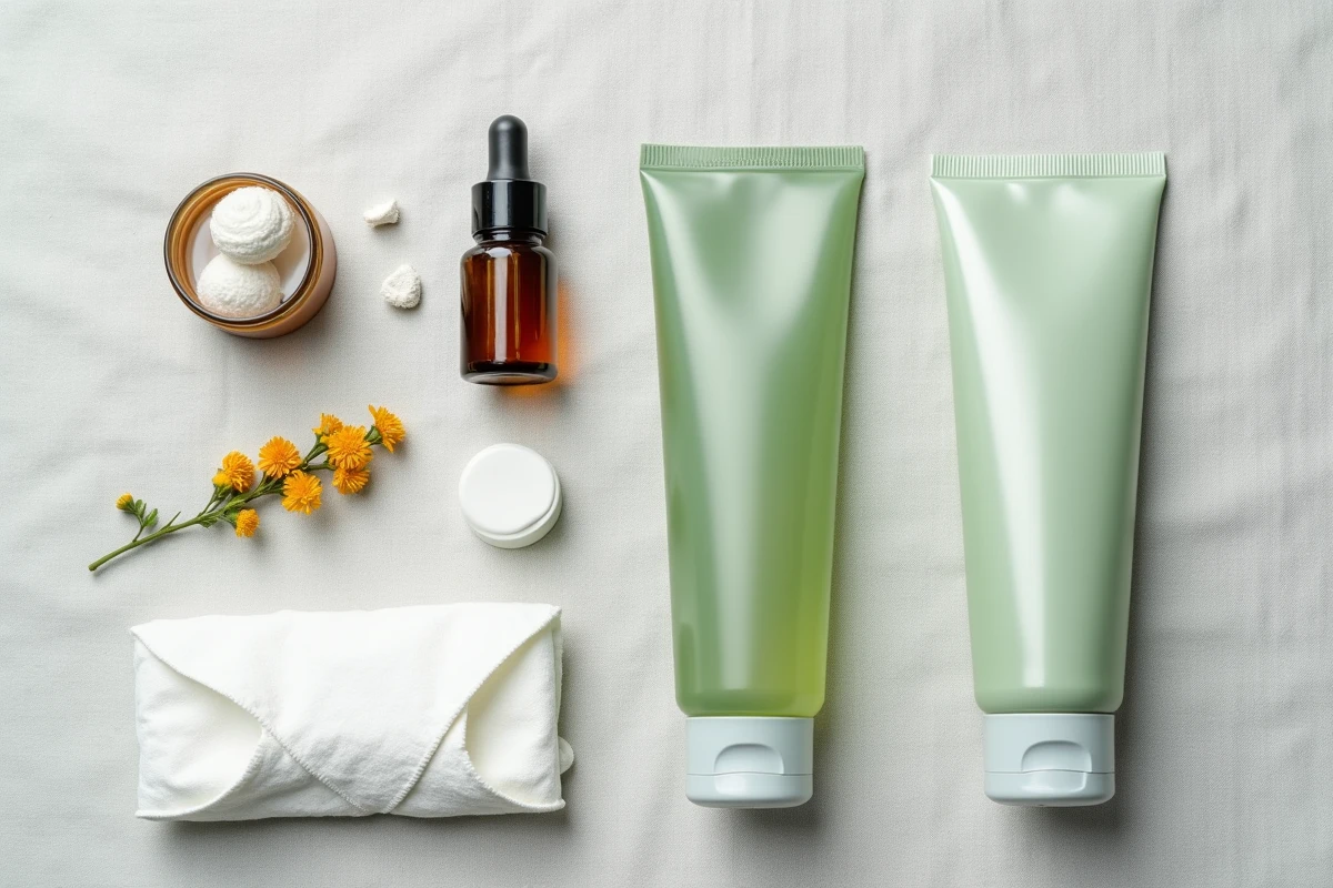 Mise à plat de produits de soin pour peau acnéique sur tissu lin gris, incluant gel nettoyant, sérum, masque à l'argile et brosse nettoyante douce