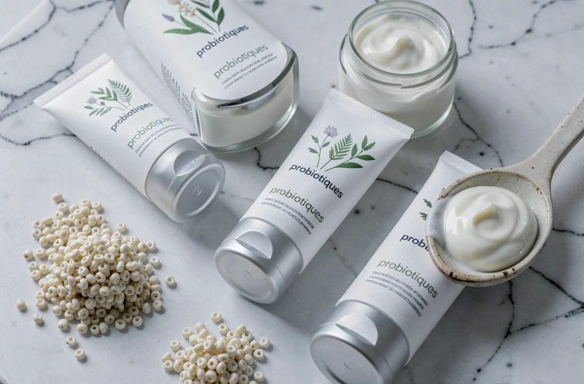 Produits cosmétiques probiotiques pour peaux sensibles présentés sur marbre blanc avec ingrédients fermentés
