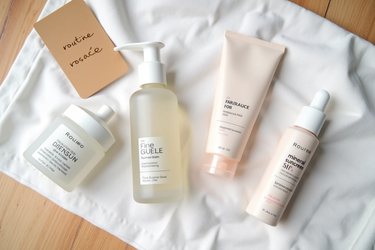 Produits de soin pour rosacée disposés en flat lay sur tissu blanc avec routine de soins manuscrite