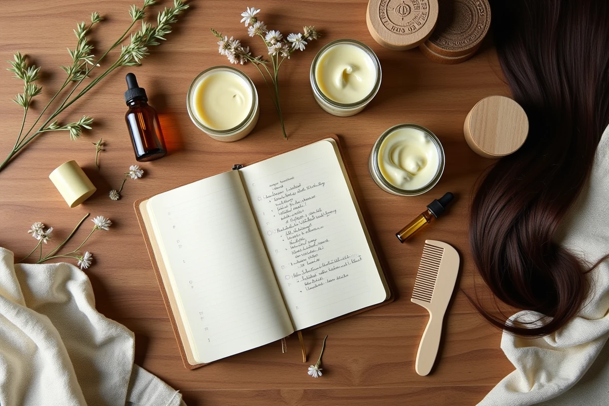 Produits de soins capillaires naturels disposés en flat lay sur bois brut, alternatives à Olaplex pour une routine capillaire saine